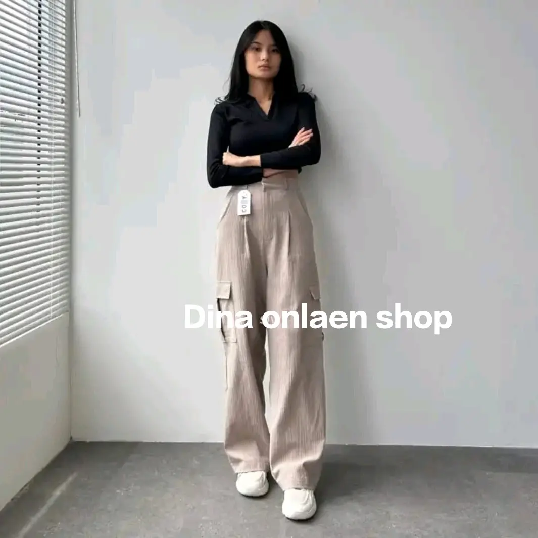 Celana Cargo Highwaist Loose Katun Linen Crinkle/Celana Cargo Wanita/Kulot Cargo Highwaist Wanita Kancing Pinggang Belakang Karet