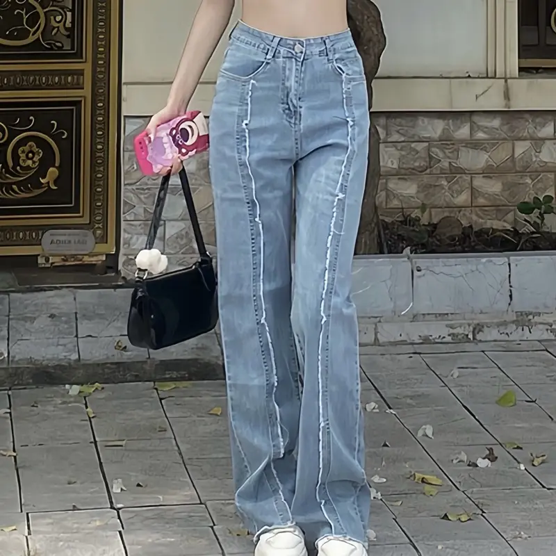 Quần jeans nữ ống suông cạp cao QC