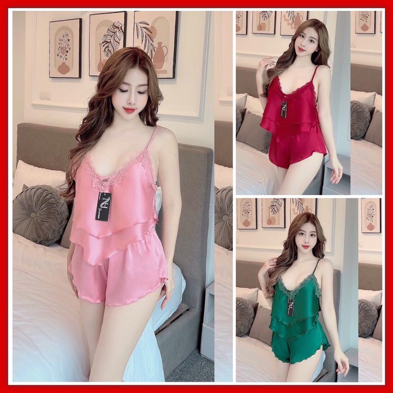 Đồ ngủ lụa phi, yếm 2 tầng mặc mùa hè size 40-65kg gói 1 bộ Áo Tay Dài Voi Nữ Đỏ