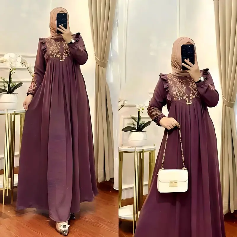 Vigansya Design Lunara Maxi Dress Bahan Cringkle Airlfow Aplikasi Bordir Mewah Elegant Kekinian 5
