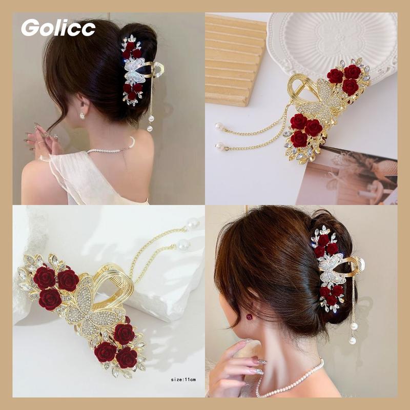 Kẹp càng cua bươm bướm kết hợp hoa hồng tua rua bản to cho tóc dày kiểu dáng sang trọng quý phái, phụ kiện cô dâu, áo dài, chụp ảnh ngoại cảnh, phong cách trẻ trung hiện đại - Kẹp càng cua, cài tóc, women
