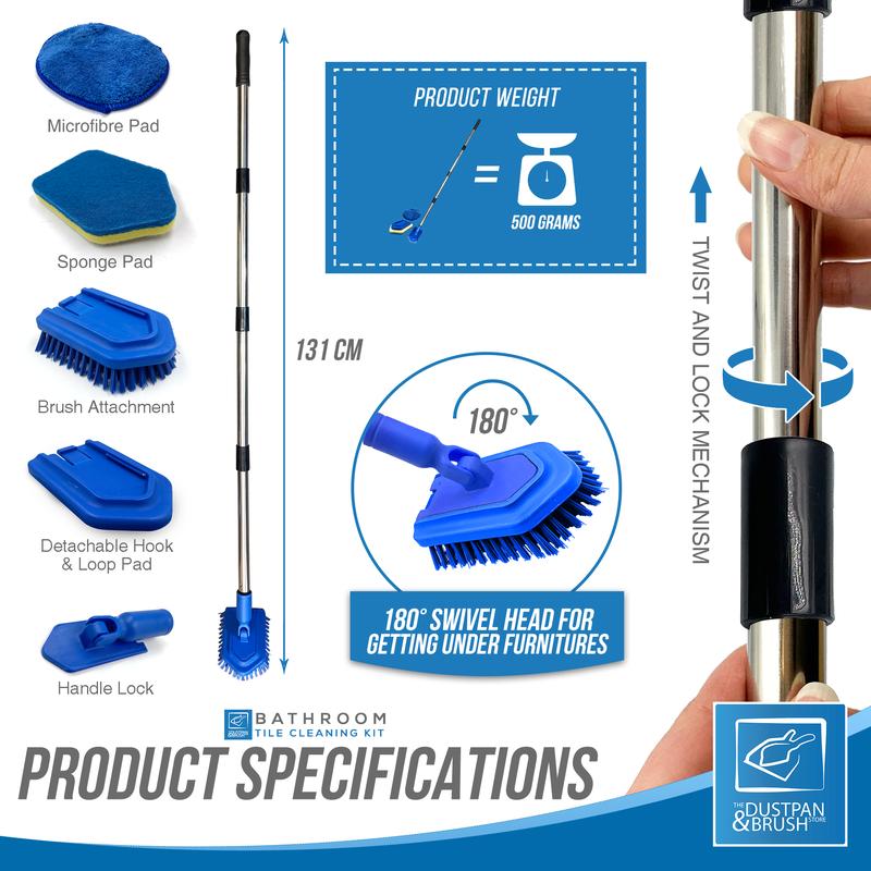 Long Handled Bathroom Cleaner - Easily Clean Tiles, Baths and Showers - Stiff Bristle Long and Durable Handle Brush Cleaning Pad Sponge Kit 3