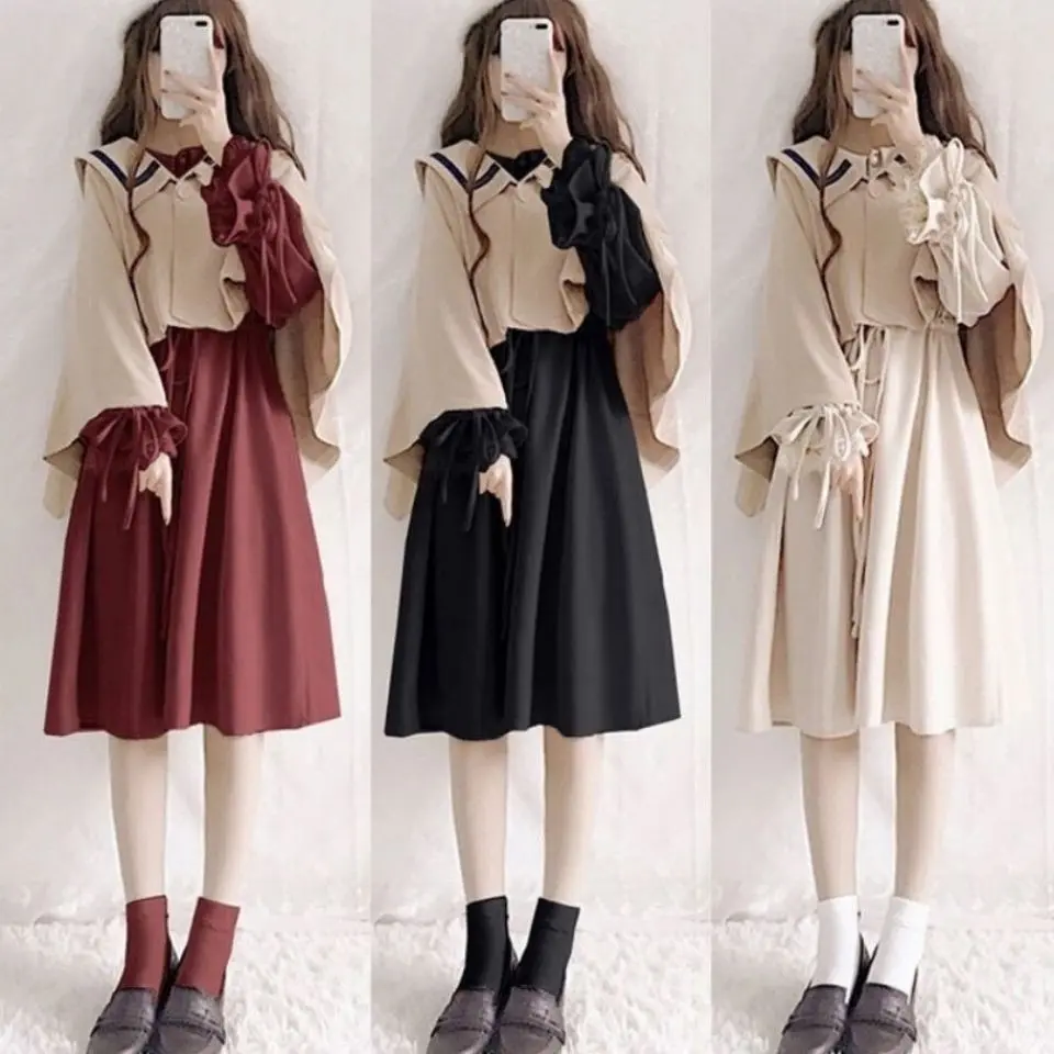 2021 Autumn New Japanese Style Suit Skirt Female Student Doll Collar Long Dress Cape and Shawl Two-Piece Set