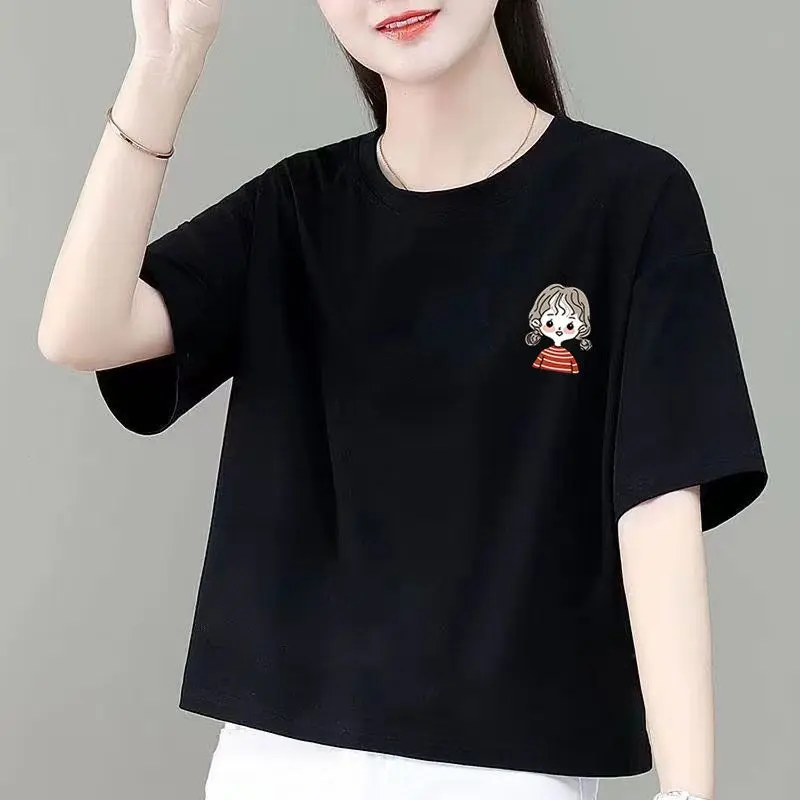 Áo Thun Ngắn, 100% Cotton, Dành Cho Nữ, Phong Cách Hàn Quốc, Dáng Rộng Vừa Vặn, Thiết Kế Ngủ Ngắn, Hàng Mới Về 2024, Áo Thun Cạp Cao 4