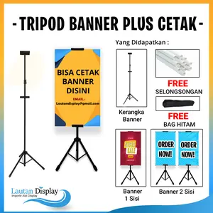 (Cetak Banner 1 Meter) Tripod Stand Banner Cetak Custom Banner 1 / 2 Sisi Jepit Standing Besi Berdiri Plus Cetak Spanduk Wisuda Graduation Ulang Tahun (Tripod + Cetak Banner Flexi / Albatros + Slongsong 2 Buah)