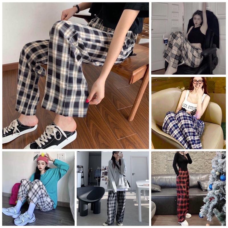  Quần Kẻ Ống Rộng Cạp Chun Unisex Quần Caro Suông Đẹp 
