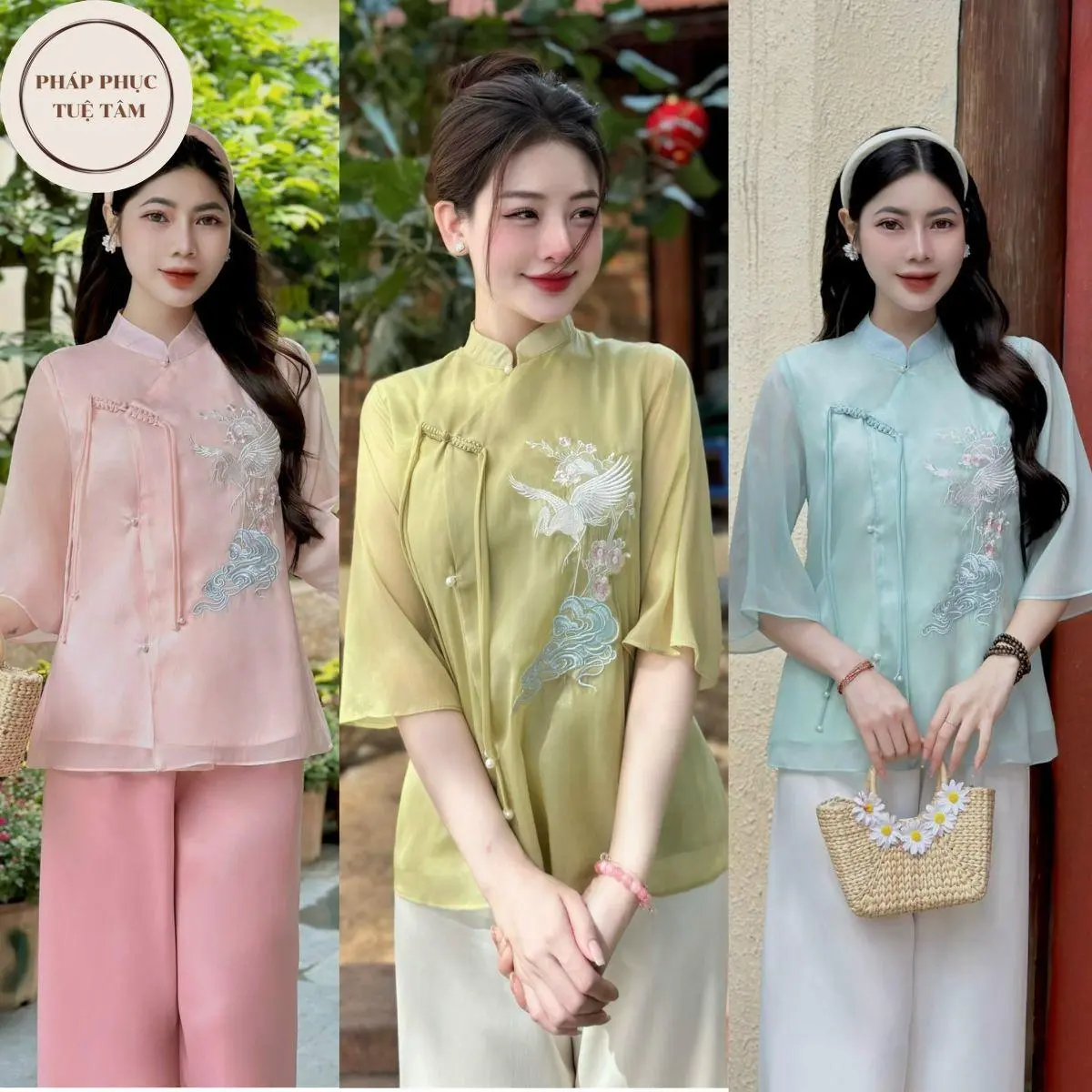 Bộ đồ đi chùa nữ cách tân voan tơ thêu VOAN HẠC 2 lớp Áo Women Kem Top trang phục truyền thống sz l  thường