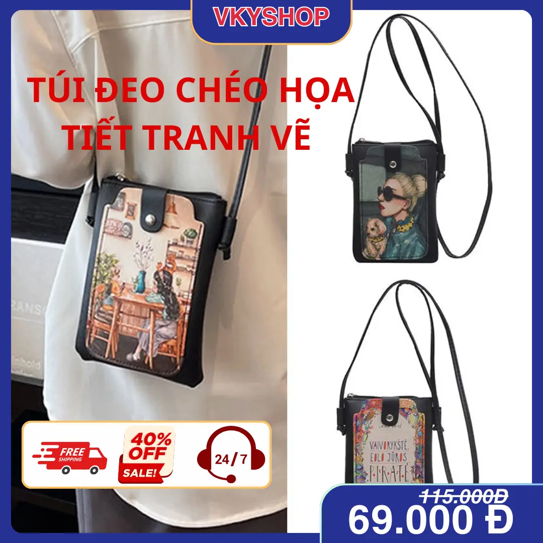 [VKYSHOP] Túi Đeo Chéo Mini Thời Trang Nữ, Phong Cách Hàn Quốc Họa Tiết Hình Vẽ Sinh Động