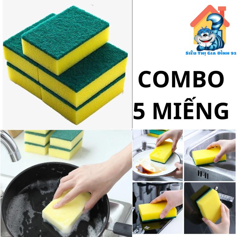 Combo 5 Miếng rửa chén bát 2 mặt xanh vàng tiện dụng,Miếng bọt biển tạo bọt cọ rửa xoong nồi siêu sạch