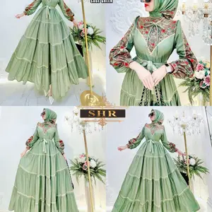 New midi dress sage batik Muslim Printing Scuba Wanita Tunik Gamis Maxi
