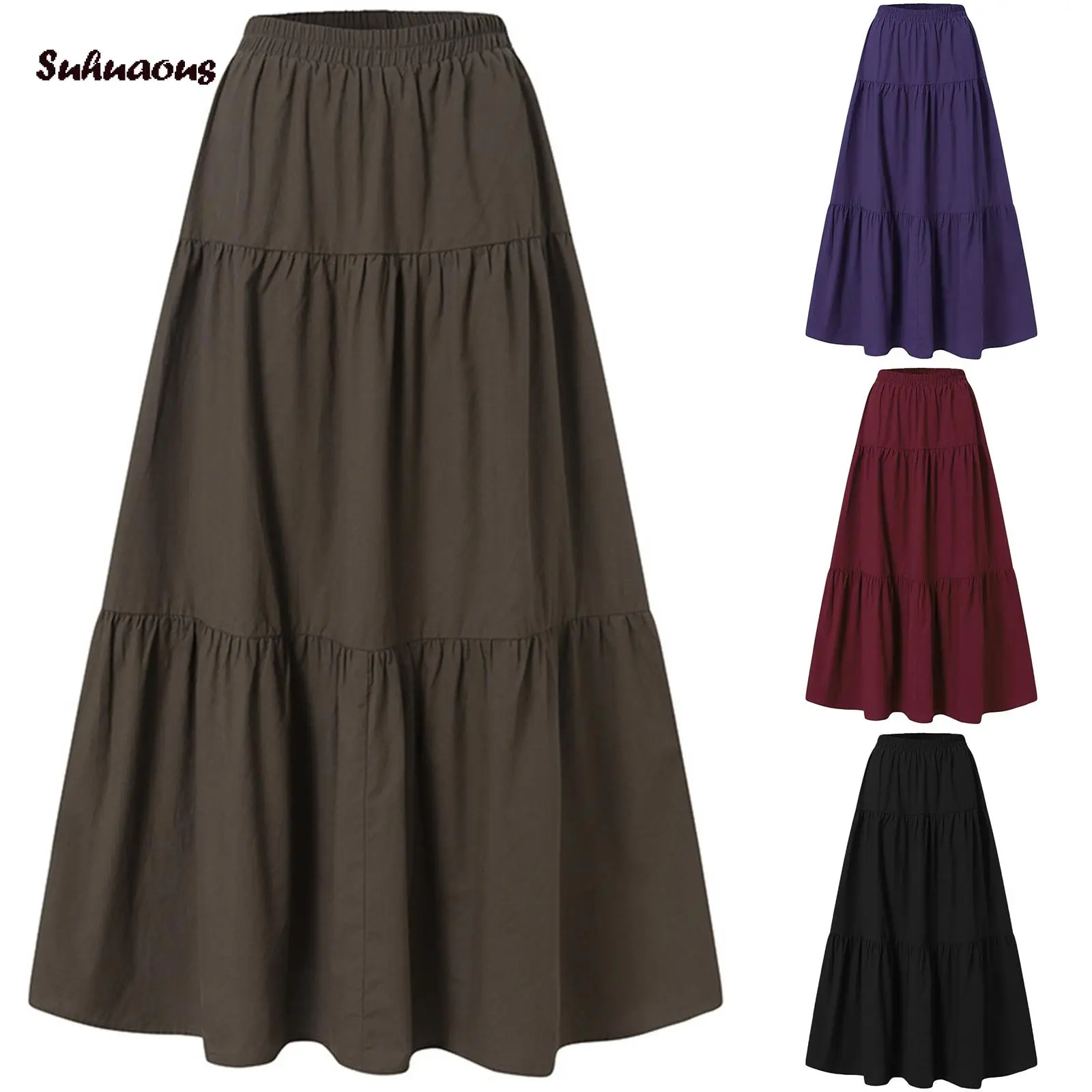 Women's Fashion Casual Long Skirt, Solid Color Pleated Large Hem Elastic Waist Loose Skirt Muslim Skirt, Simple Style Bottoms