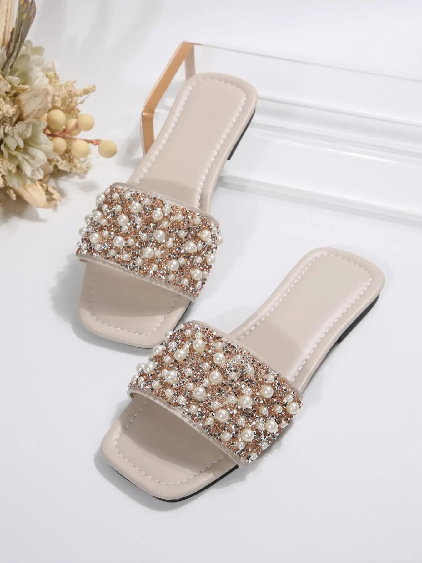 Women's Elegant Faux Pearl & Rhinestone Decorated Slides, Trendy Slippers for Summer, Fashionable Slippers for Indoor & Outdoor Wear, Walking Shoes