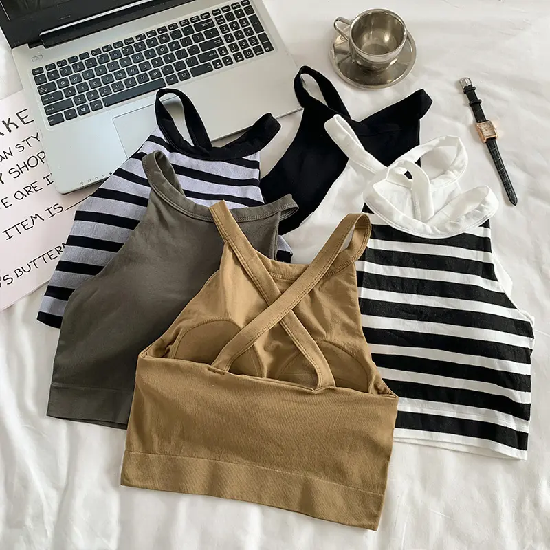Women Camisole With Breast Pad Summer Stripe Sleeveless Backless Slim Tank Top