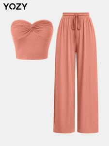 YOZY Twist Crop Tube Top & Drawstring Waist Pants Set/ Elegant Solid Sleeveless Cropped Top & Straight Wide Leg Trousers, Fall & Winter Outfits