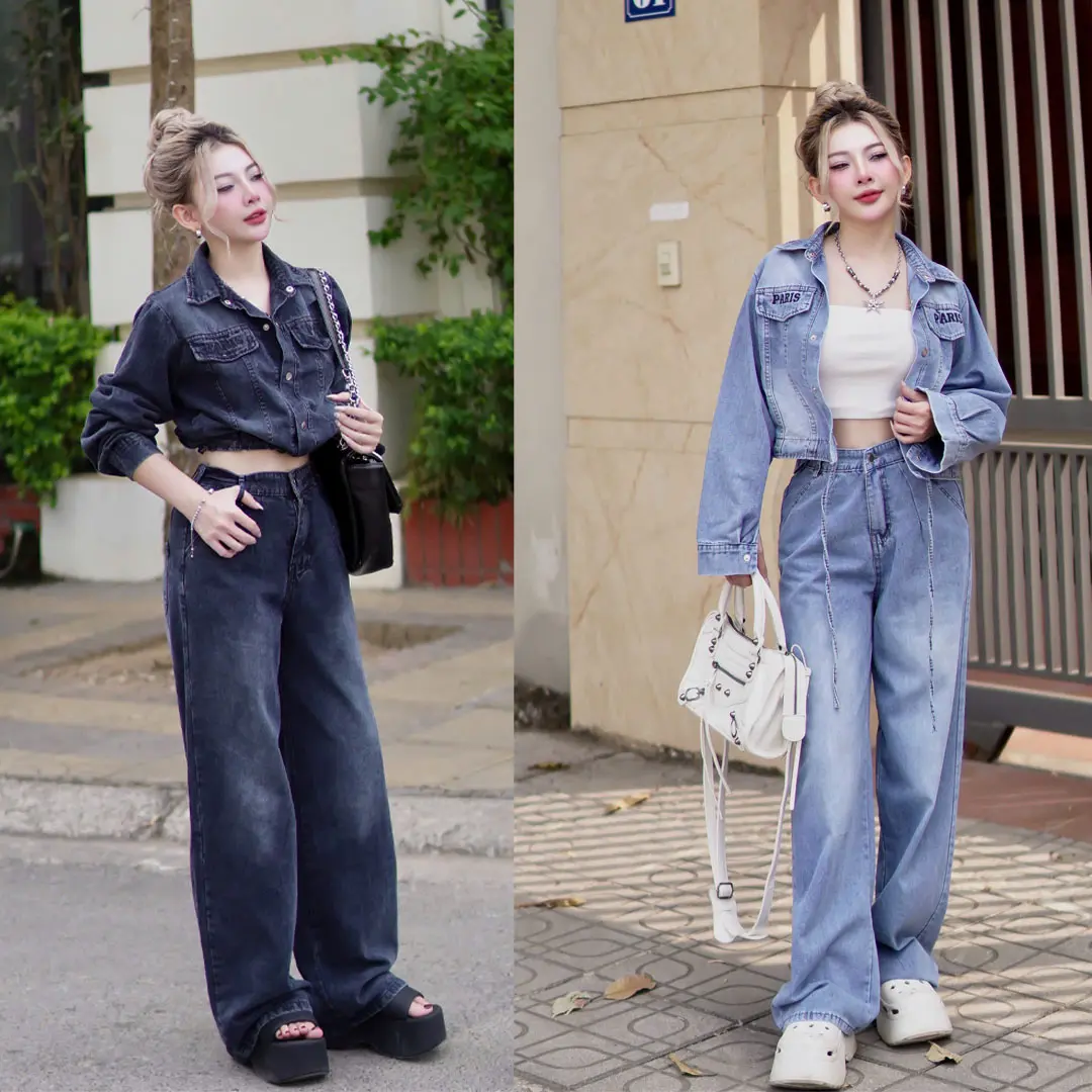 Sét Bộ Jeans Nữ  HÀNG CAO CẤP  Bộ Jeans Cổ Đức, Quần Suông Dài Phong Cách Trẻ Cho Nữ, Chất Liệu Bò Mềnm SBD019