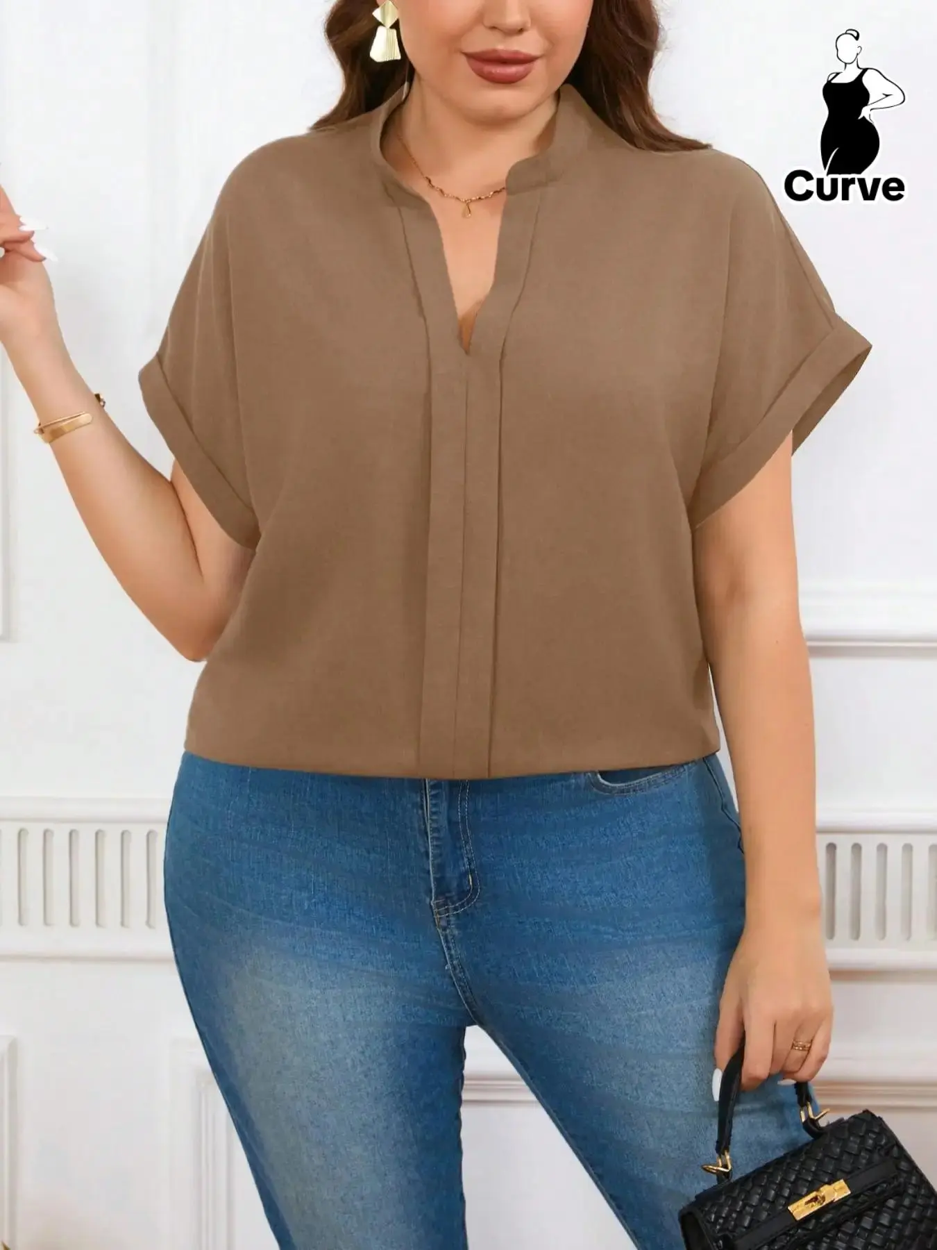 【Plus Size】 Solid Color Notched Neck Batwing Sleeve Blouse, Casual Short Sleeve Top for Fall & Winter, Women's Clothes for Daily Wear