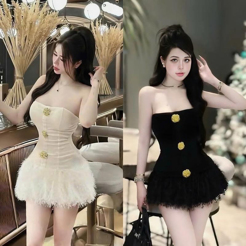Đầm váy nữ cúp ngực tăm lạnh phối lông đính phụ kiện Có Mút Có Lót xinh xắn sang chảnh dành cho các nàng diện đi chơi đi tiệc Women Dress