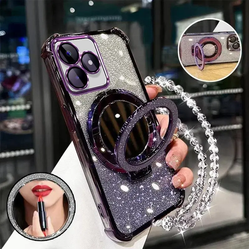Casing for Realme C53 C51 C63 C61 NOTE 50 Four Corners Shockproof Phone Case Luxury New Bracelet Softcase 3D Makeup Mirror Holder Shell
