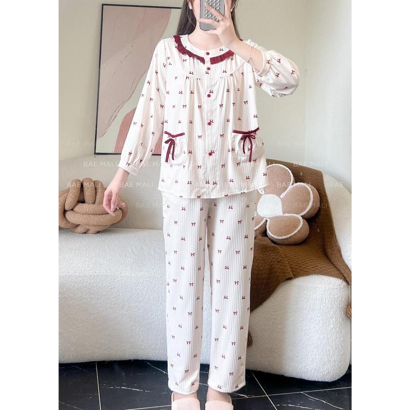 BAE MALI - Bộ mặc nhà dài tay nơ đỏ viền lụa SP548 1