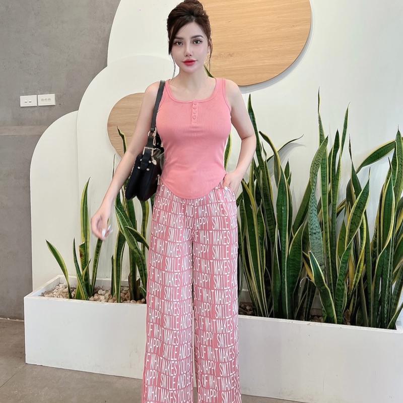 Đồ bộ nữ mẫu áo Ba Lỗ Cổ Trụ,quần dài hiệu Minky Mom hoạ tiết trơn thoáng mát Nữ Top Women