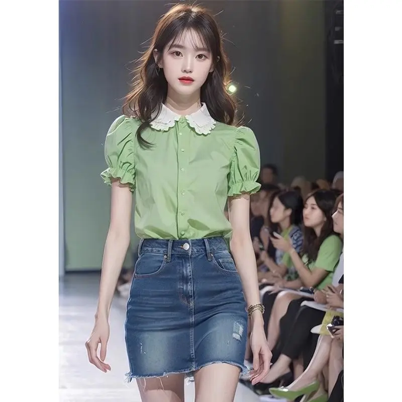 Quần Áo Nữ Mùa Hè Áo Sơ Mi ngắn Tay Cổ Peter Pan Màu Xanh Lá Cây Nhạt Thiết Kế Đẹp Mới 2024 Áo Sơ Mi Nhỏ Trẻ Trung Đẹp Giấu Bụng 1