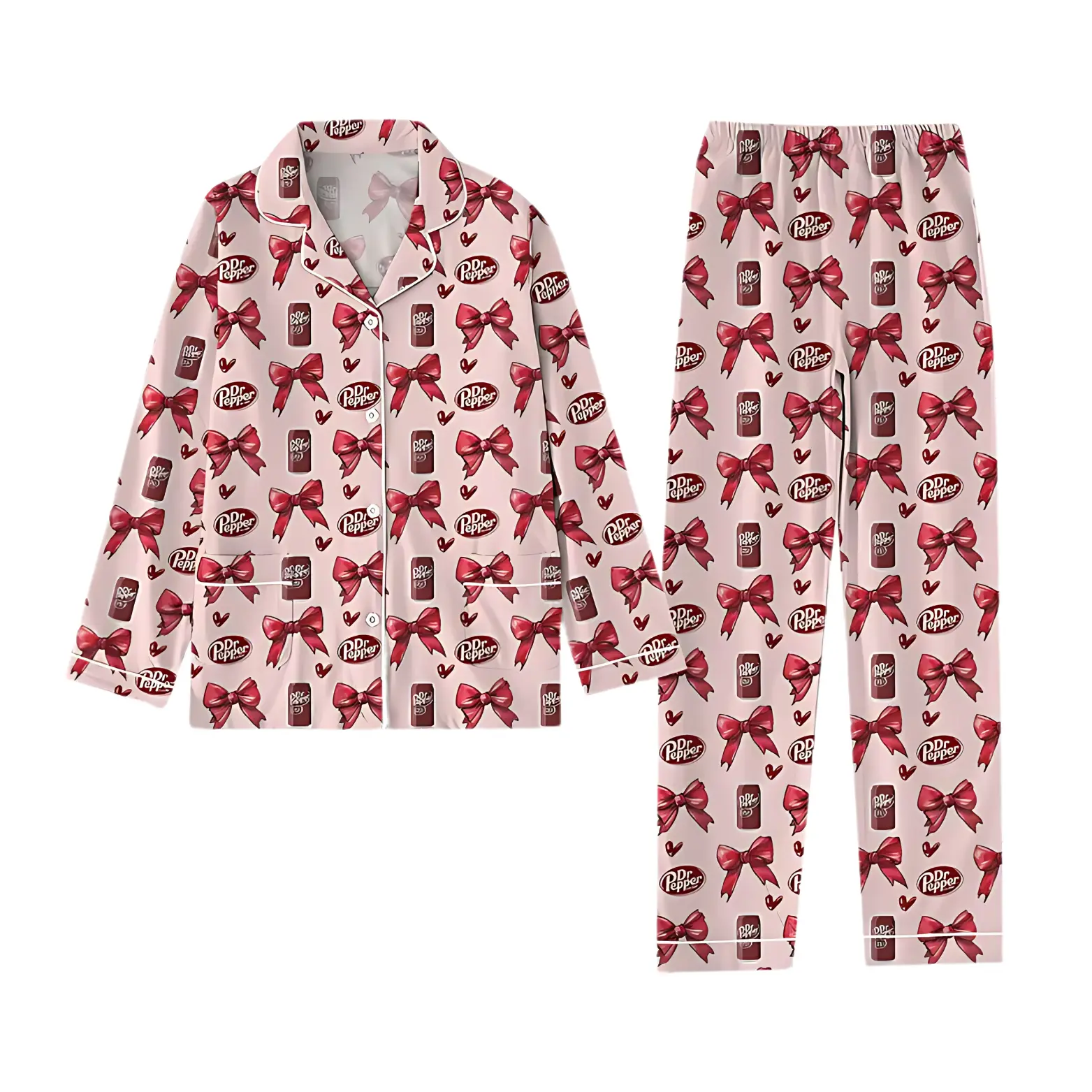 Dr Pepper Valentines Pajamas Set, Coquette Bow Women Pyjamas , Soda Lover Pjs Pants, Loungewear Set, Dr Pepper Merch Sleepwear Nightwear