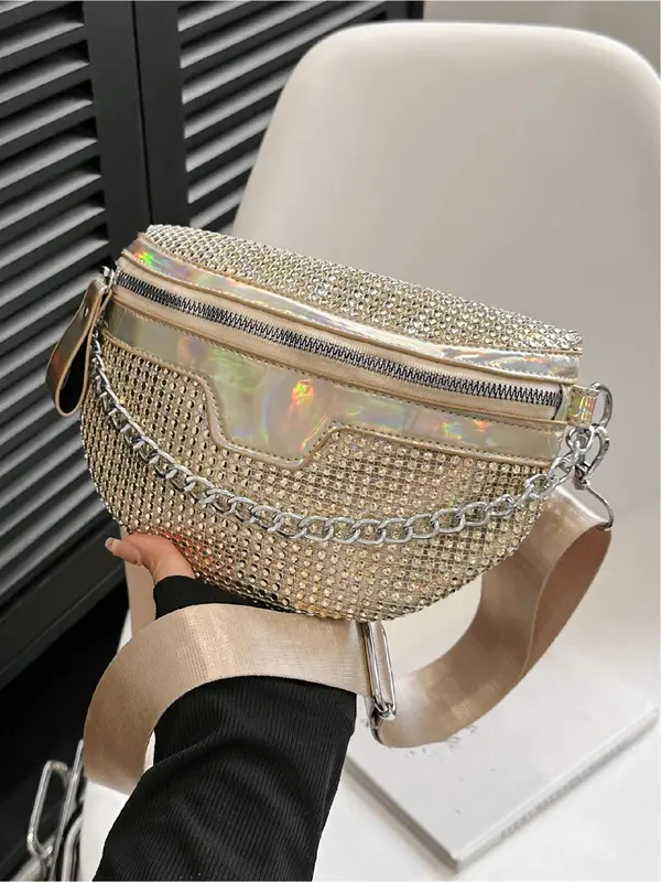 Fashion Rhinestone Decorated Fanny Pack, Casual Versatile Chain Strap Chest Bag for Women, Simple All-match Sling Bag for Daily Life 4