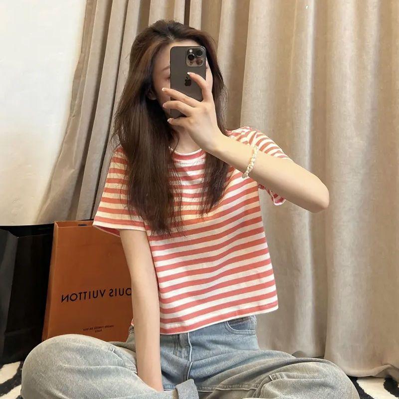 Áo Phông Sọc Sang Trọng Bằng Vải Bông, Dành Cho Phụ Nữ, Mùa Hè, Cạp Cao, ngắn Tay Áo, Ins Bó Sát, 2022 Hàng Mới Về, Cô Gái Nóng Bỏng Sành Điệu Và Hợp Xu hướng, Áo Trên 6