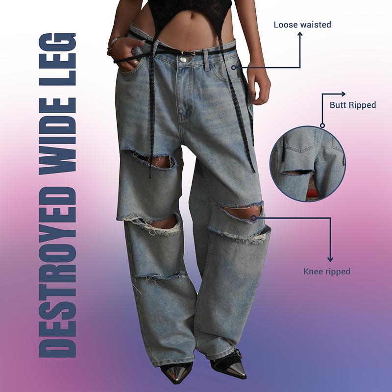 Destroyed Wide Leg Jeans -  Quần jean thụng ống suông xé rách
