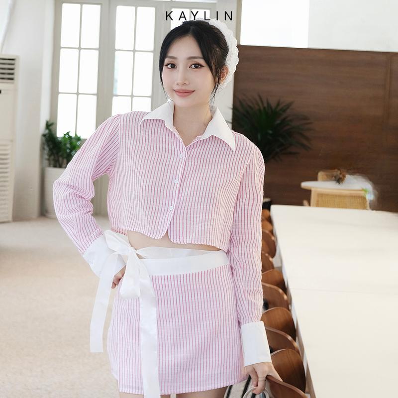Set KAYLIN áo sơ mi Croptop kèm chân váy phối nơ thắt eo chất vải Kate phong cách trẻ trung - N2265 Nữ Women