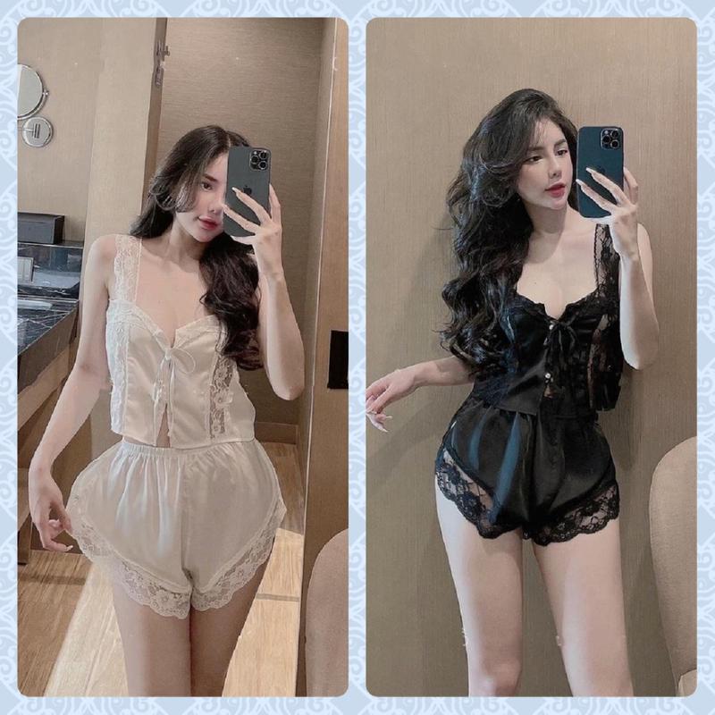  Đồ bộ đùi quần ngắn  2 dây chất liệu lụa ren nút ngọc Áo Ngủ Pijama Nữ Women Quần Ngủ 