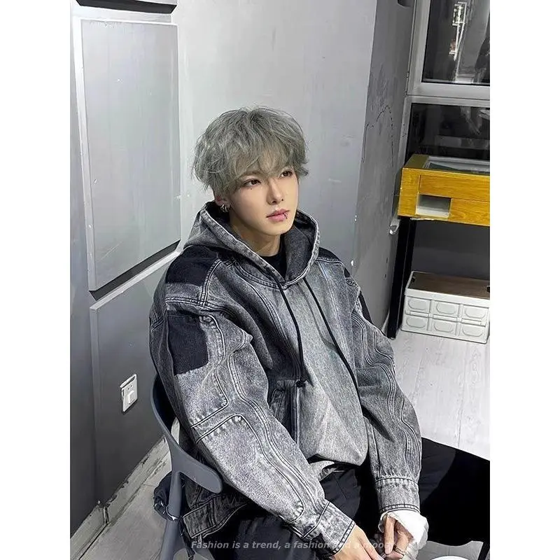 Áo Khoác Hoodie Denim, Phong Cách Mỹ, Khâu, Thiết Kế Cổ Điển Thương Hiệu Thời Trang Mùa Xuân Và Mùa Thu, Áo Khoác Có Mũ Trùm Đầu, Ins Phổ Biến
