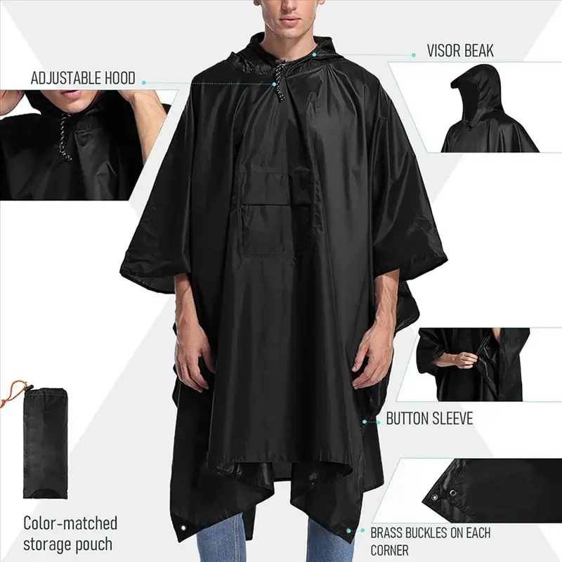 Large Hooded Raincoat, Portable Waterproof Poncho, Multifunctional Outdoor Camping Tent Mat, Holiday Gift 2
