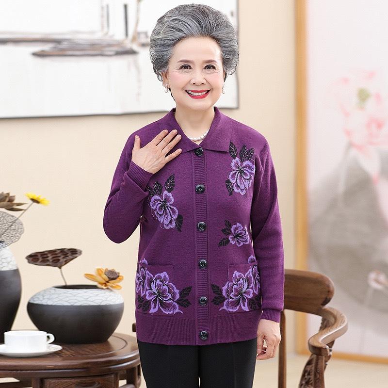Áo khoác len cho người già, áo cardigan len cổ bẻ cúc cài phối họa tiết hoa chất liệu len dệt kim mềm mịn, quà tặng cho bà cho mẹ áolen quang