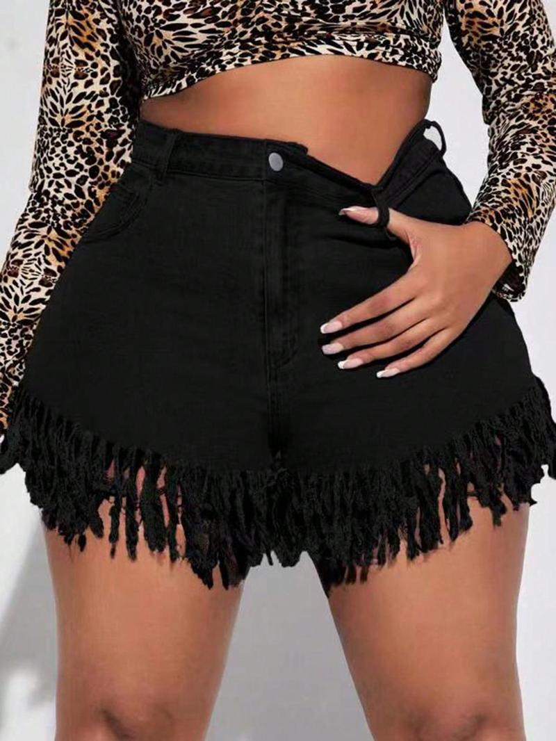Product Introduction of 【Plus Size】 Fringe Trim Denim Shorts, Casual Zipper Fly Shorts for Daily Wear, Women's Bottoms for All Seasons 3