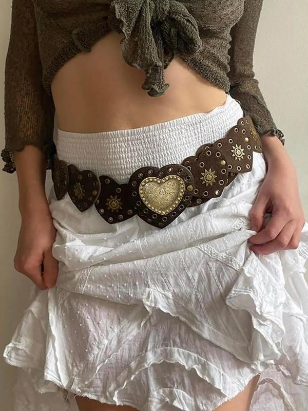 Women's Boho Style Heart Design Pu Buckle Belt, Vintage Ethnic Pattern Decorative Belt for Women, Daily Clothing Decor, Trendy All-match & Exquisite Belt for Birthday Gift 3