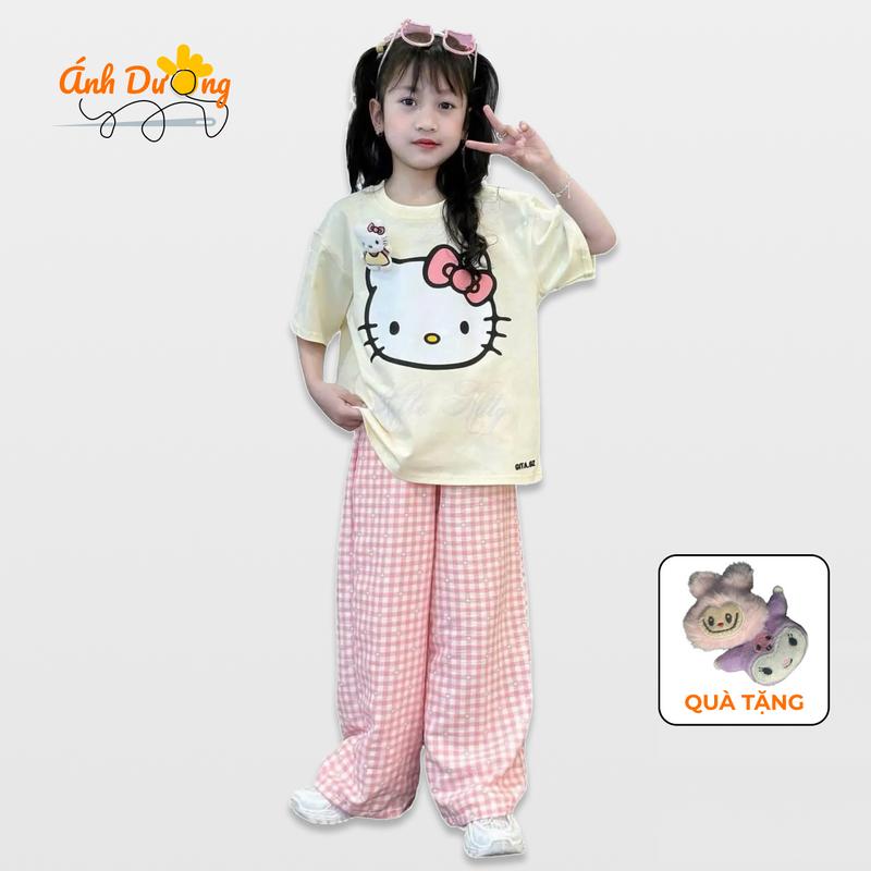 (Tặng mặt gấu bông) Set đồ bé gái quần dài áo thun (HOẠ TIẾT HELLO KITTY ĐEO NƠ TIM 2 MÀU) chất liệu cotton su mềm mại
