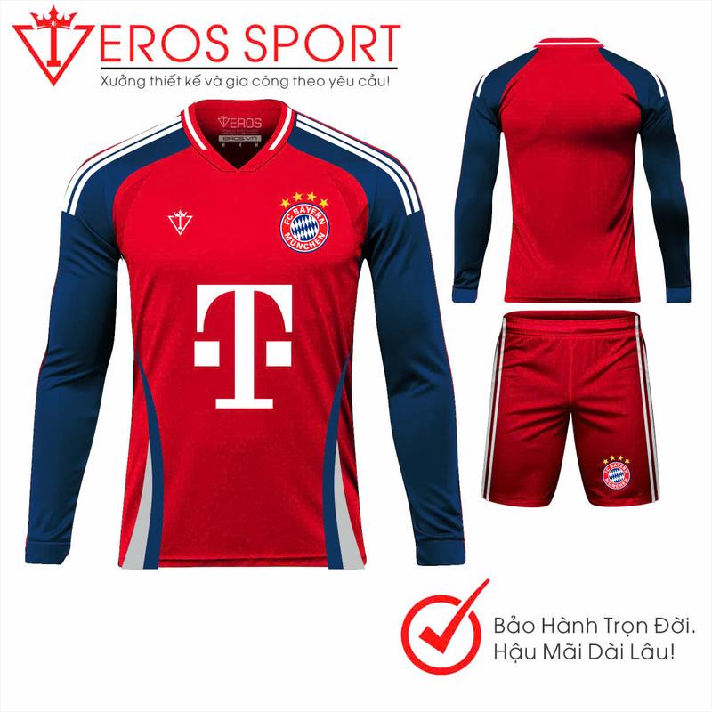 Quần Áo tay dài Bayern D5 Đỏ phối xanh đen , đồ bóng đá Nam - Top đồ thể thao mới ra mắt Eros Sport, vải thun co giản, logo thêu, mực in chuyển nhiệt.
