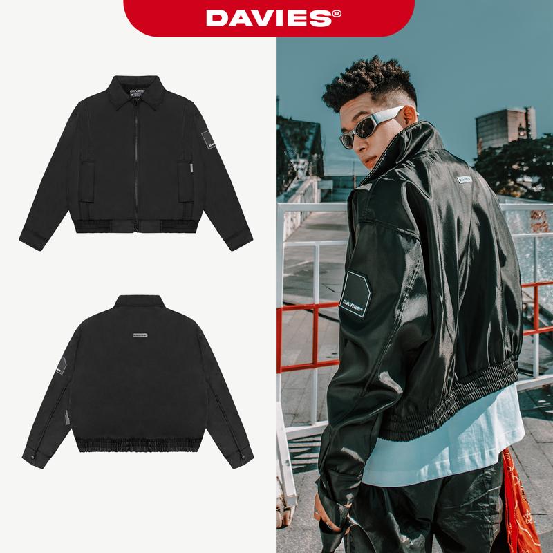 Áo khoác bomber nữ nam màu đen DAVIES local brand cổ bẻ form rộng chất da lộn, dù protex 2 lớp Coor Bomber Jacket