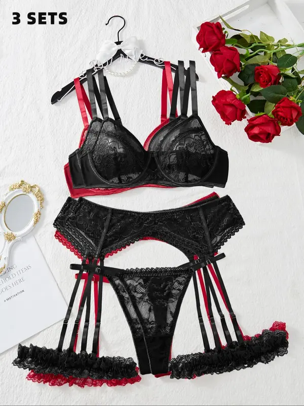 【Plus Size】 Floral Lace Sexy Lingerie Set, Sexy Push Up Bra & Thong & Garter Belt Set, Women's Lingerie & Underwear for All Seasons 4