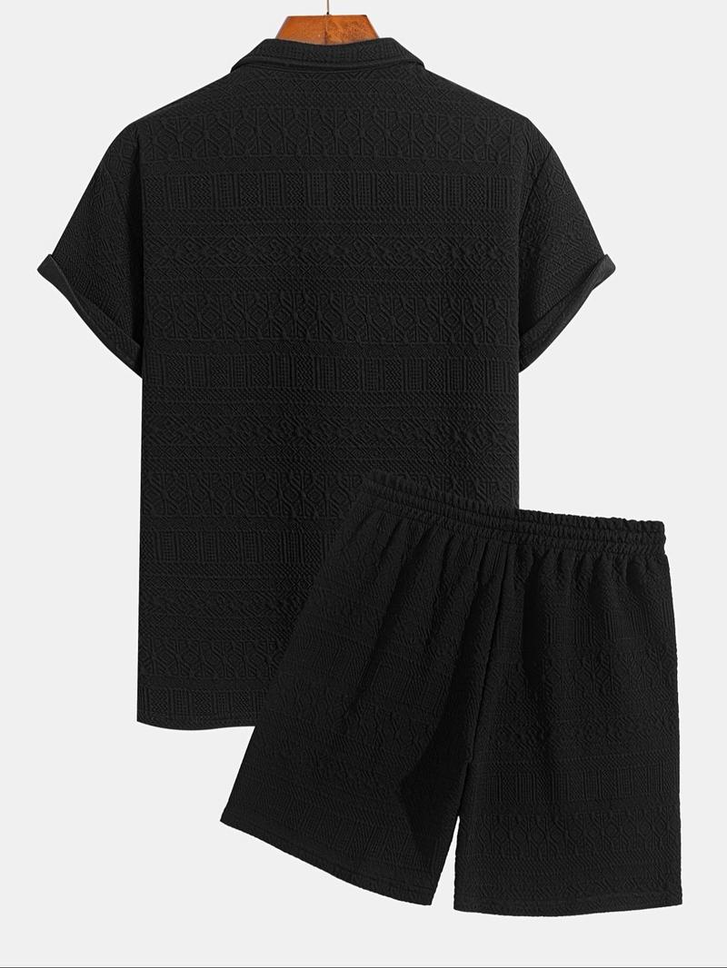 Product Introduction of Men's Jacquard Polo Shirt & Shorts Set, Regular Fit Casual Short Sleeve Collared Top & Drawstring Waist Shorts, Summer Clothes Set for Men 6