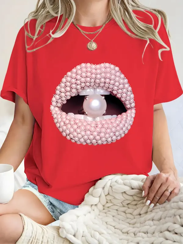 Women's Mouth & Faux Pearl Print Round Neck Tee, Fashion Casual Crew Neck T-Shirt for Daily Holiday Vacation Outdoor Wear, Ladies Clothes for Summer 1