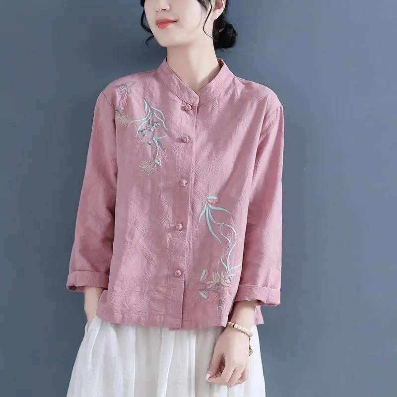 I71555# Womens Tops Long Sleeve Embroidery Vintage Loose Cotton And Linen Chinese Style Tops For Women