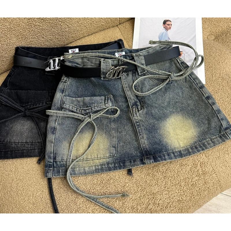 Chân váy jean ngắn chữ a lưng cao phối dây nơ chất dày mịn bông mặt vải có quần bò bảo vệ không co dãn wash màu xanh khói QC2368 hottrend 2024 Nữ Women Khuy 
