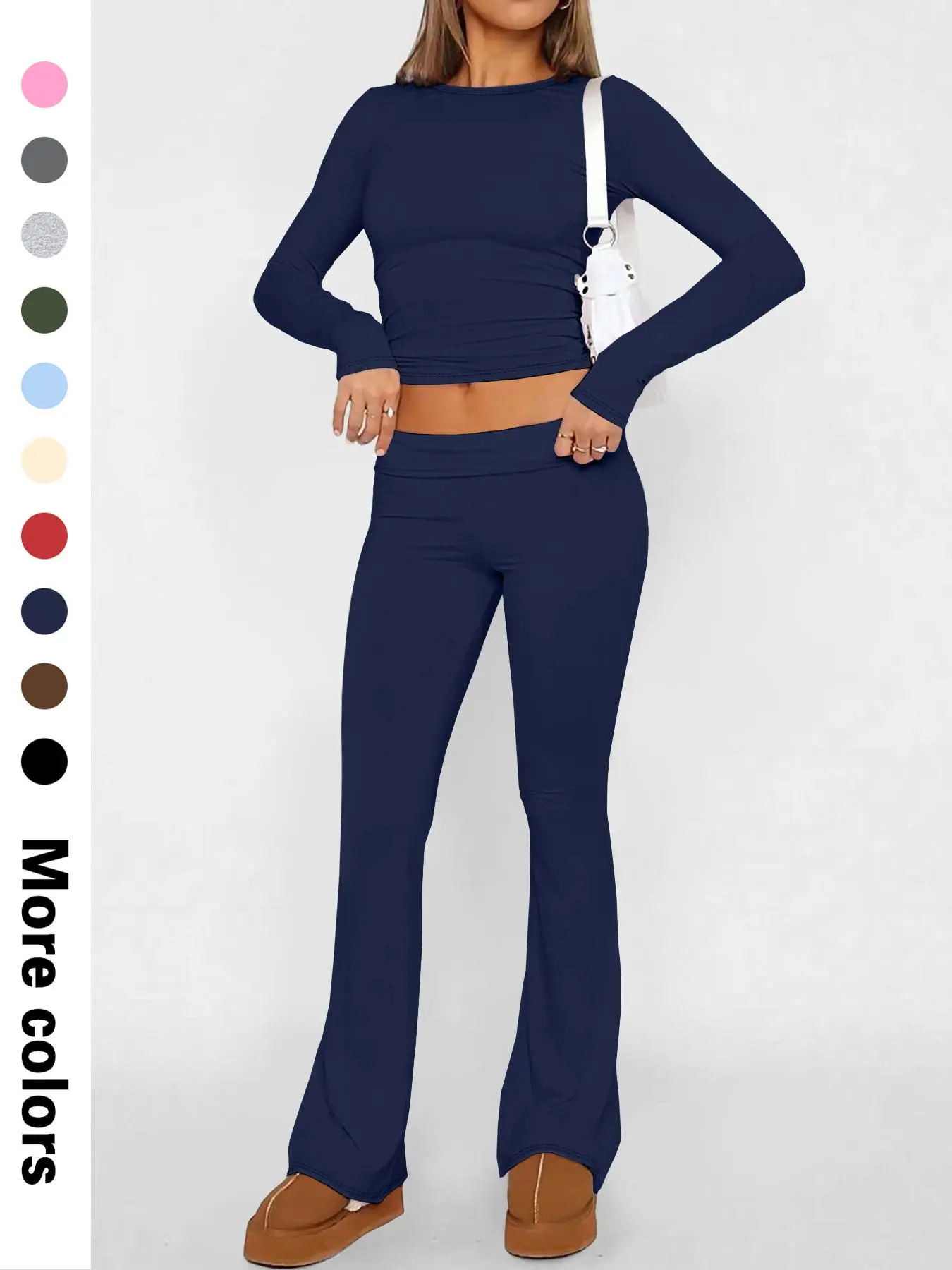 Two-Piece Set Women's Solid Color Long Sleeve Crop Tee & Flare Leg Pants, Casual Fashion Cozy Round Neck Top & Bell Bottom Trousers for Daily Outdoor Wear, Women's Clothing for Fall & Winter, Travel