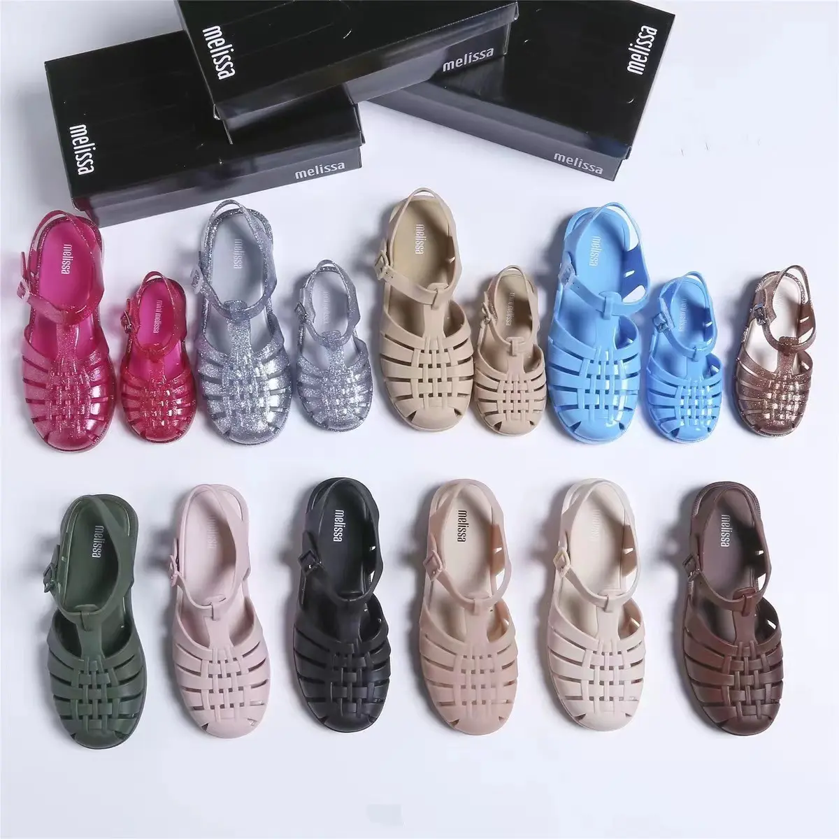 2022 Melissa Women's Shoes Melissa Woven Hollow Out Retro Roman Matte Sandals Parent-Child Shoes