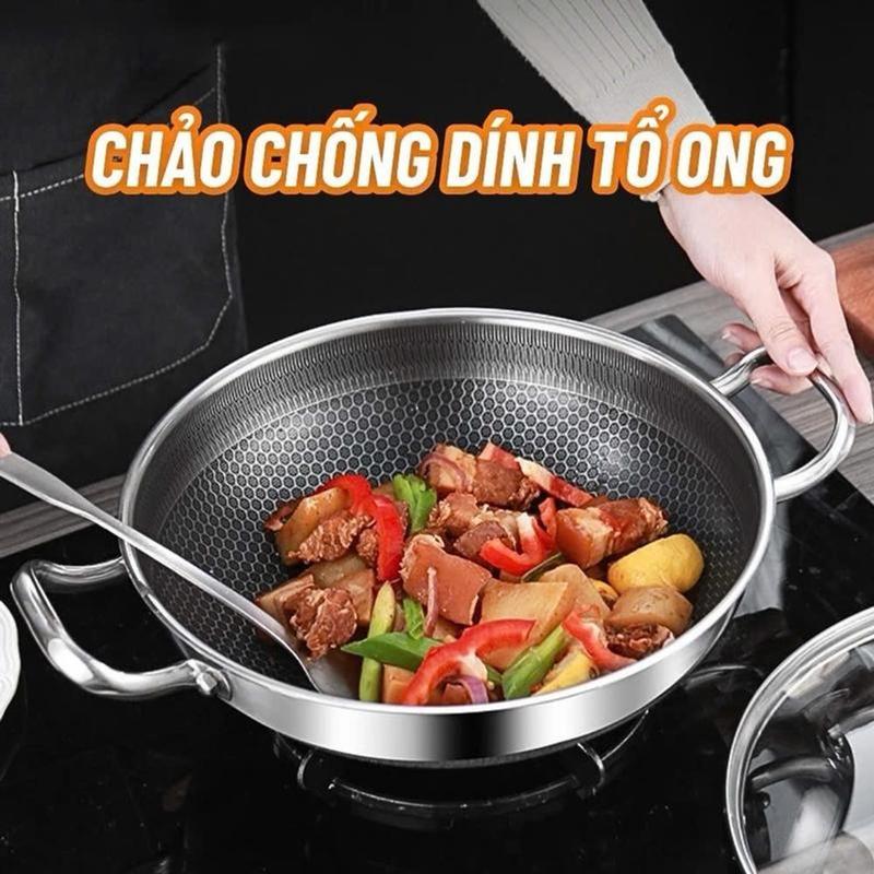 Chảo Tổ Ong Đáy Phẳng 2 Quai, Chống Dính Sâu Lòng, Size 28 cm, mồi inox Phù Hợp Với Mọi Loại bếp inox 304 siêu bền