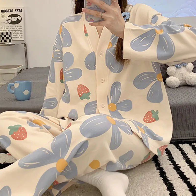 Bộ Đồ Ngủ Lụa Sữa, K158, Dành Cho Nữ, Áo Cardigan Cổ Chữ V, Quần Dài Tay, Quần Dài, Mỏng, In Chấm Bi, Thích Hợp Cho Mùa Xuân Và Mùa Thu, Bộ Đồ Mặc Nhà