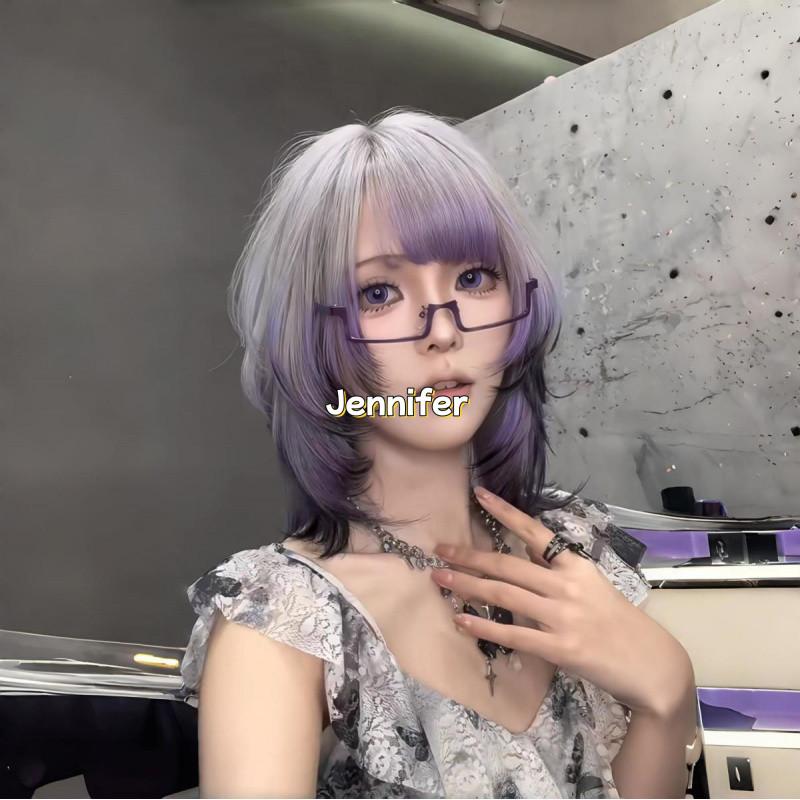 Product Introduction of hair wig for woman full head cosplay bangs wig set summer gradient purple black in long hair burst top dyeing natural niche simulation Heat Resistant Synthetic Hair 12