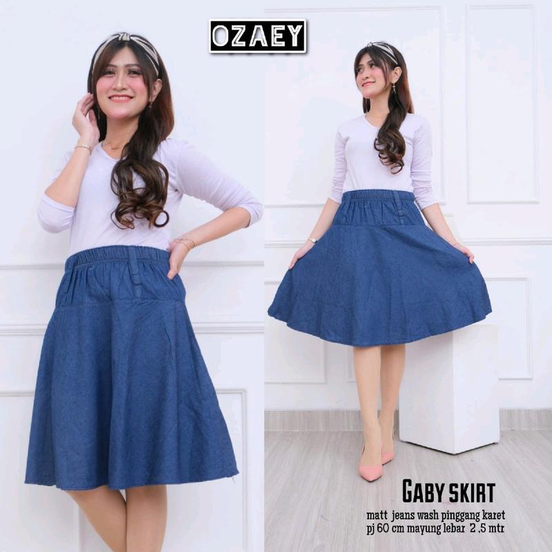 rok payung pendek polos kain denim Wanita Dewasa Casual biru all size